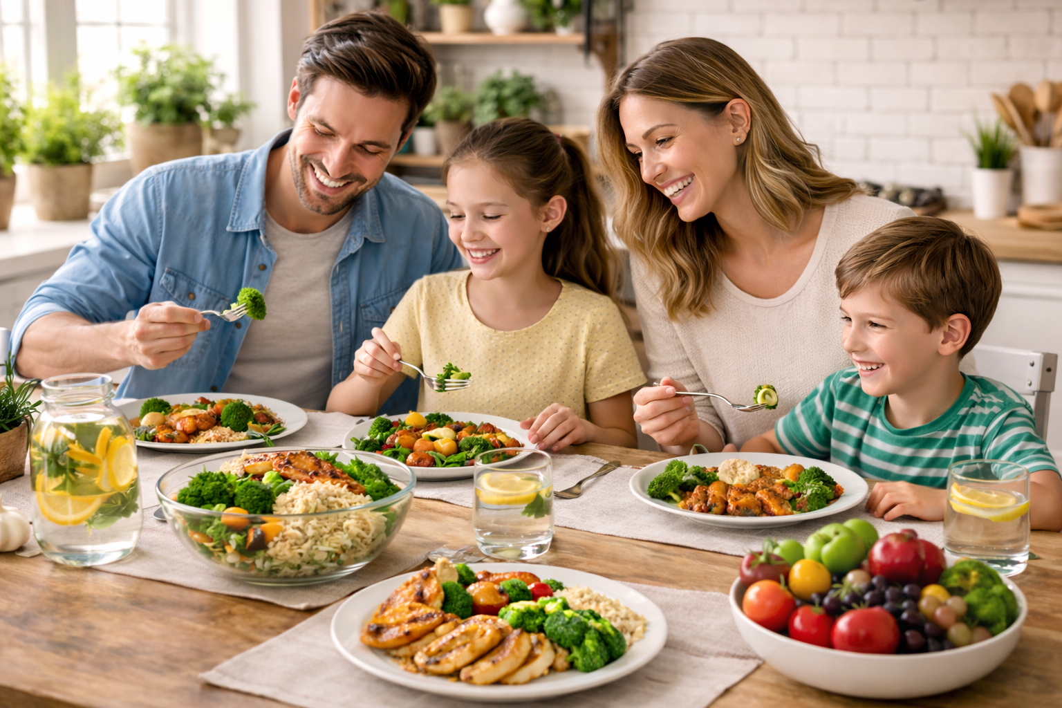 Family enjoying a balanced meal with colorful fruits and vegetables