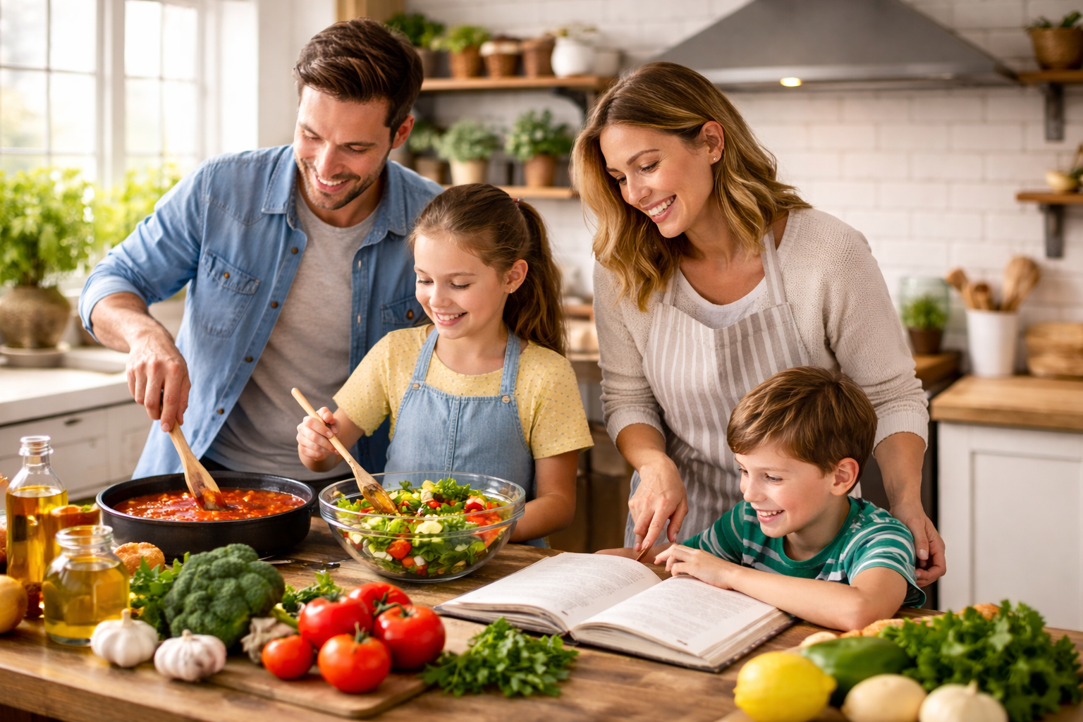 A happy family cooking together in the kitchen, surrounded by fresh ingredients and a recipe book.