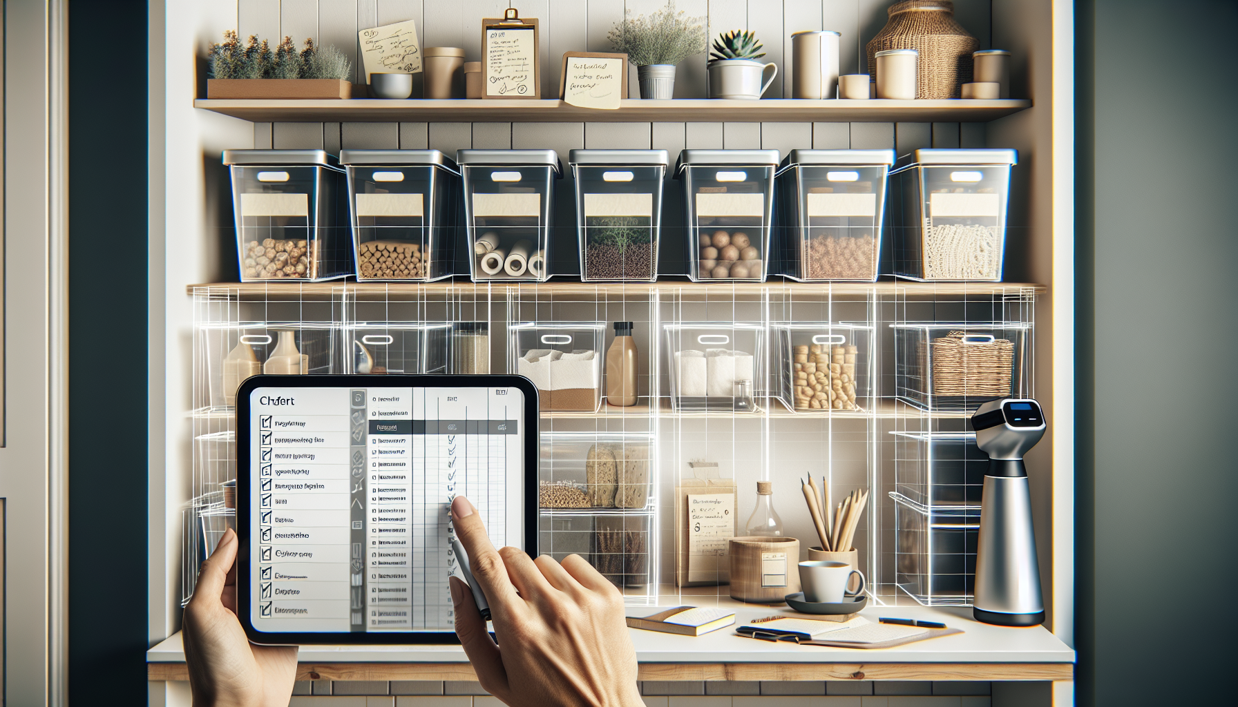 Organized pantry shelves with labeled containers