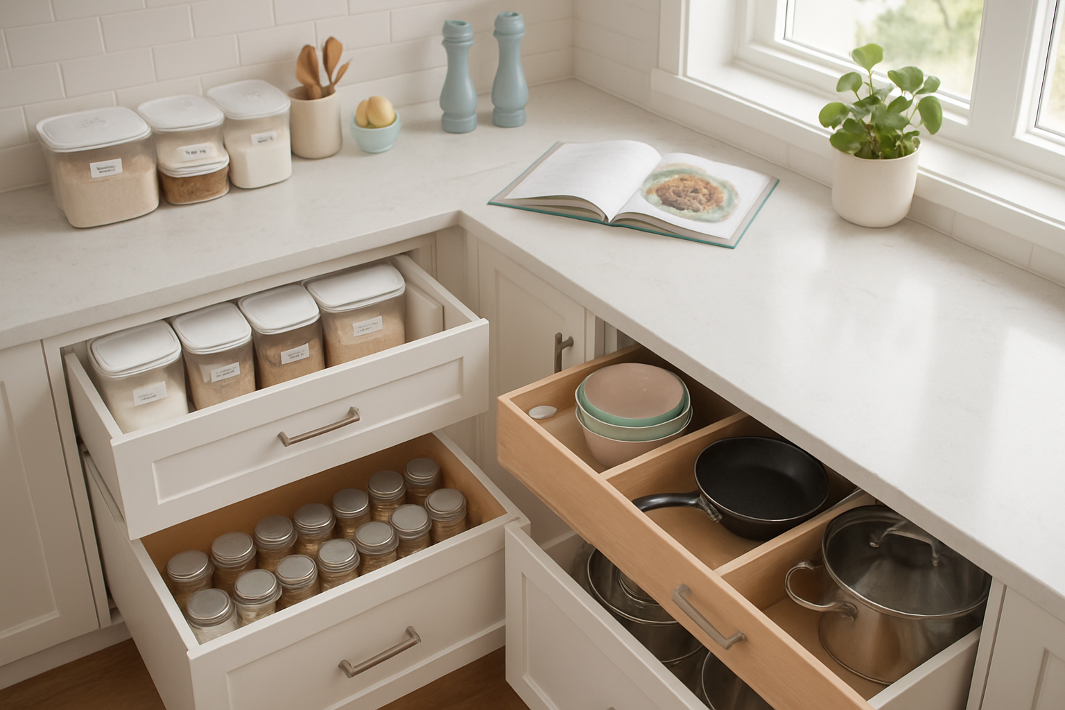 An organized kitchen with labeled containers and efficient storage solutions