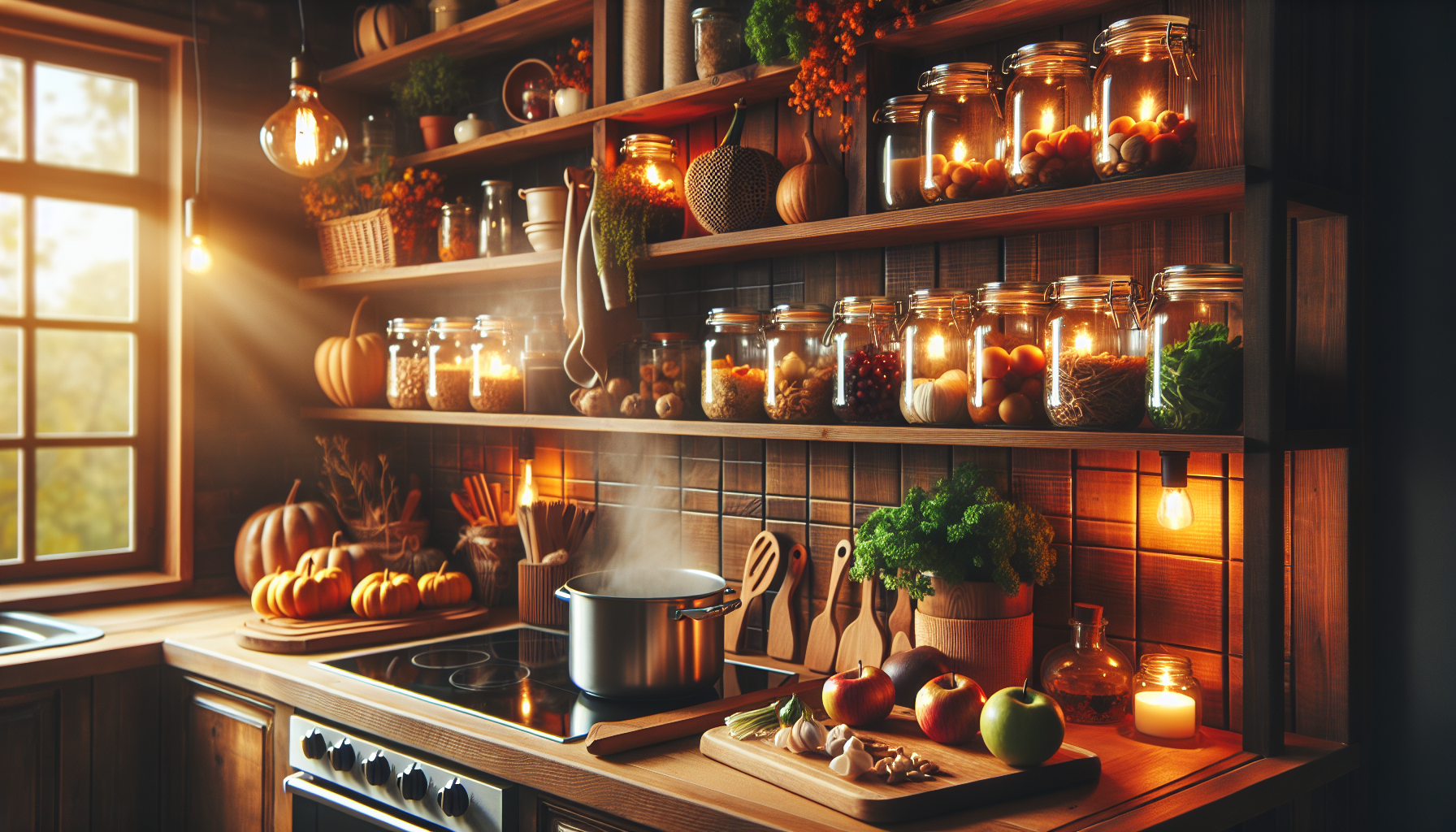A cozy autumn kitchen scene with seasonal produce like pumpkins, apples, and squash displayed on a rustic wooden table.