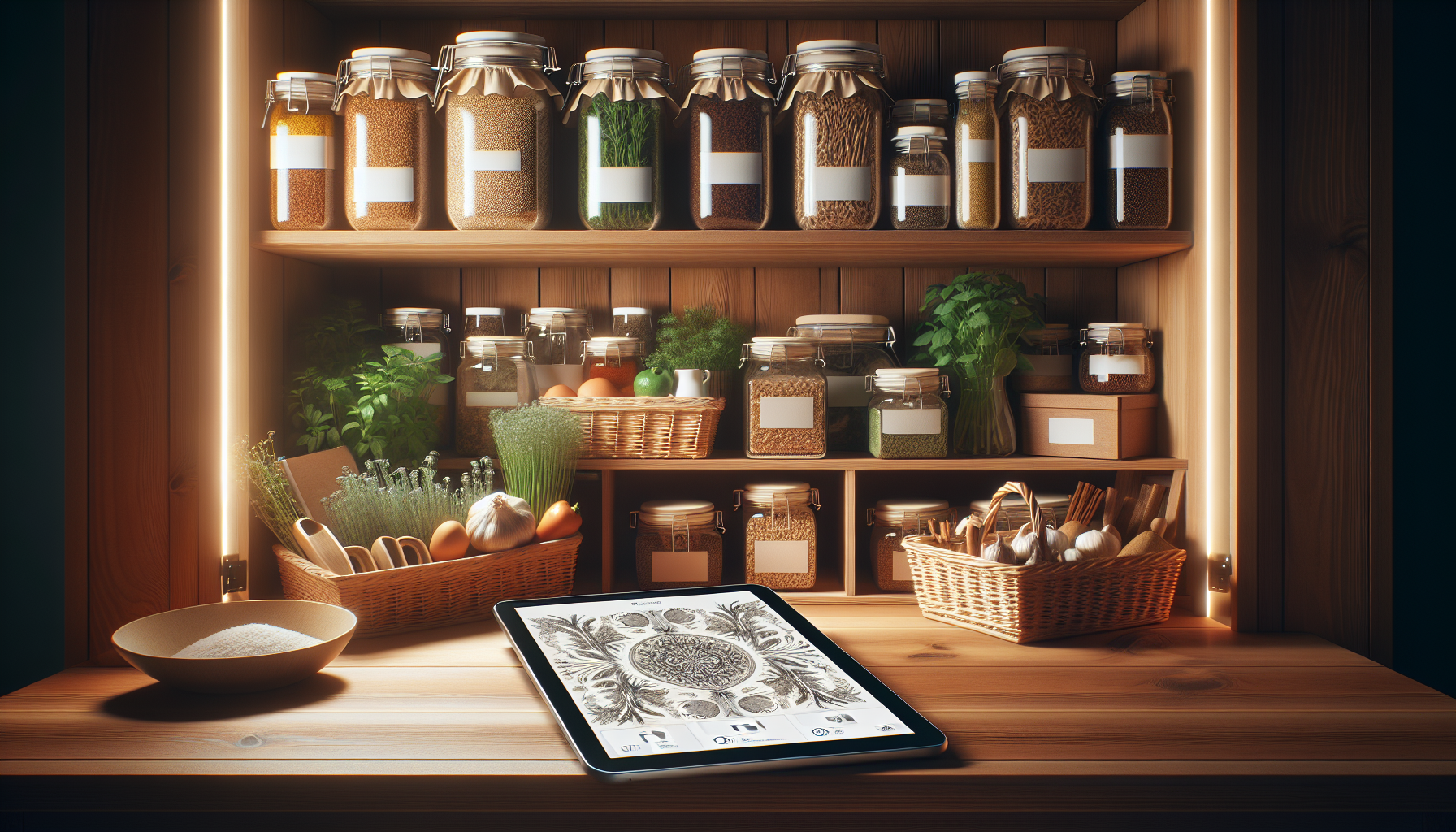 A well-organized pantry with labeled jars and a digital inventory app on a smartphone