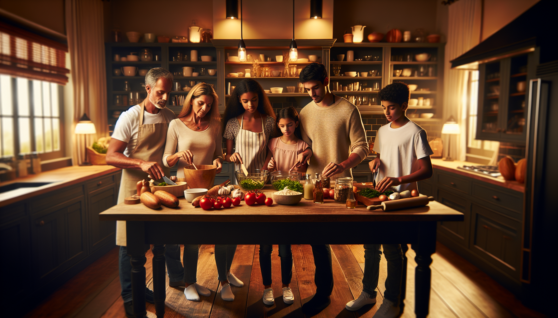 Family happily preparing a meal together in the kitchen