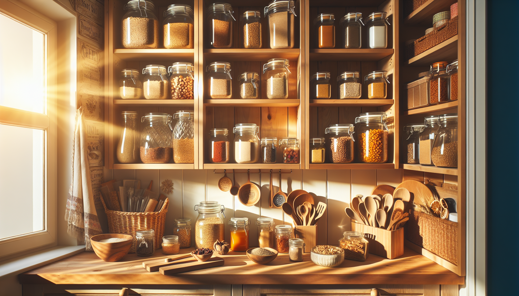 Organized pantry shelves with neatly labeled food containers and jars