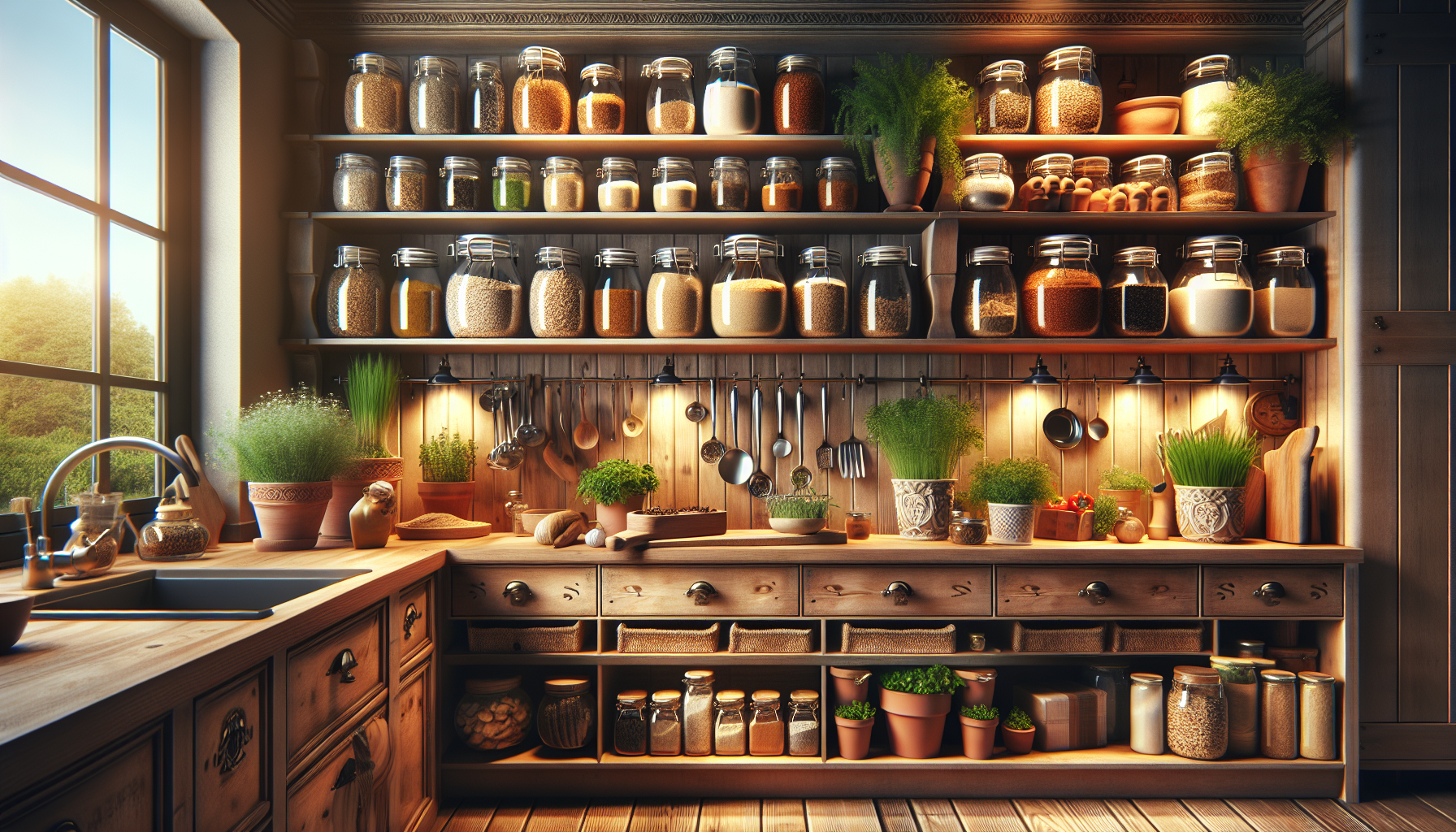 Organized pantry shelves with labeled containers and neatly arranged items