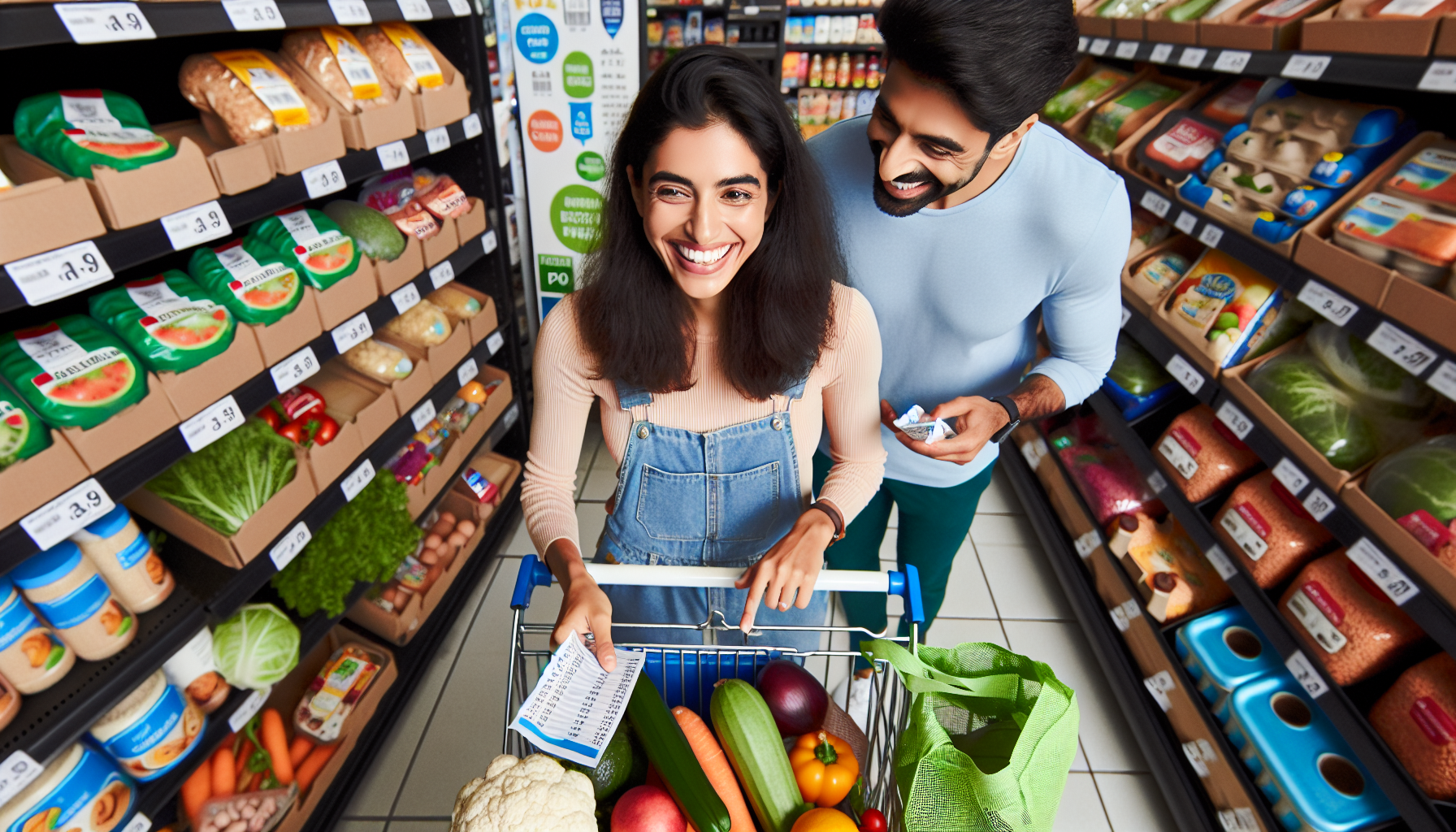 A shopper holding a grocery basket filled with fresh produce, store brands, and coupons