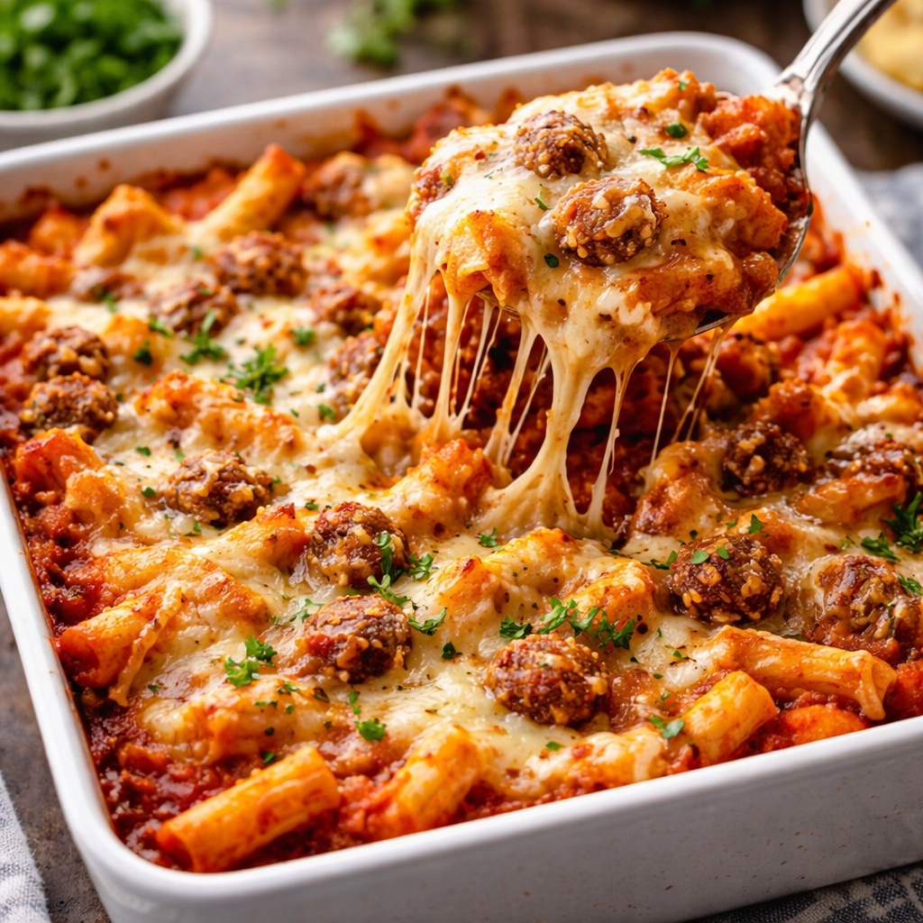 Three-Cheese Baked Ziti with Italian Sausage